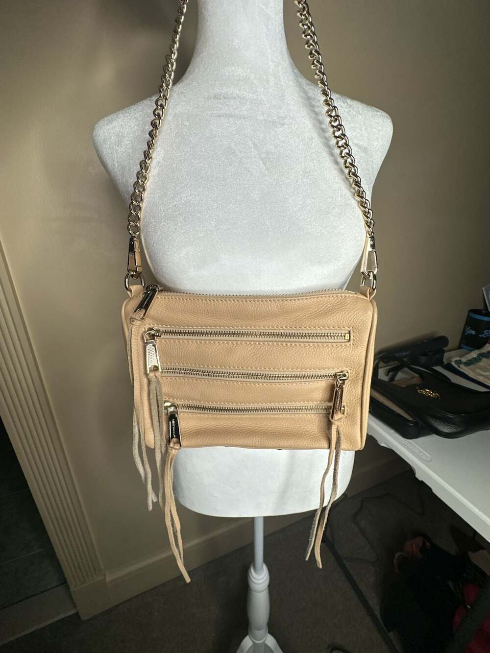 Rebecca Minkoff 3-Zip Moto Crossbody Bag Tan Leather Purse